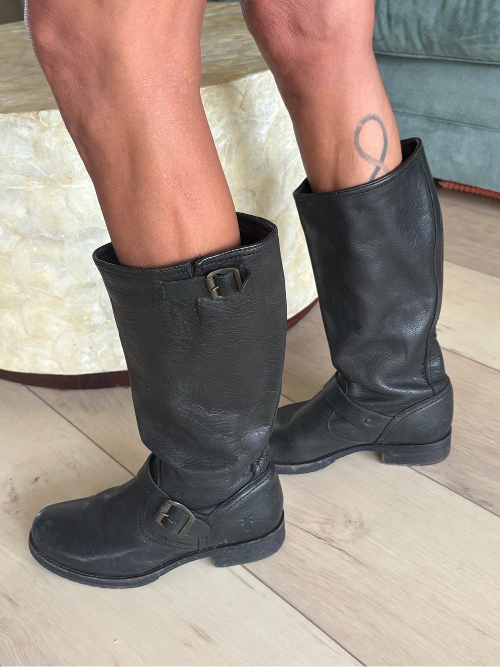 Frye Black Leather Mid-Calf Buckle Moto Boot - Picture 3 of 6